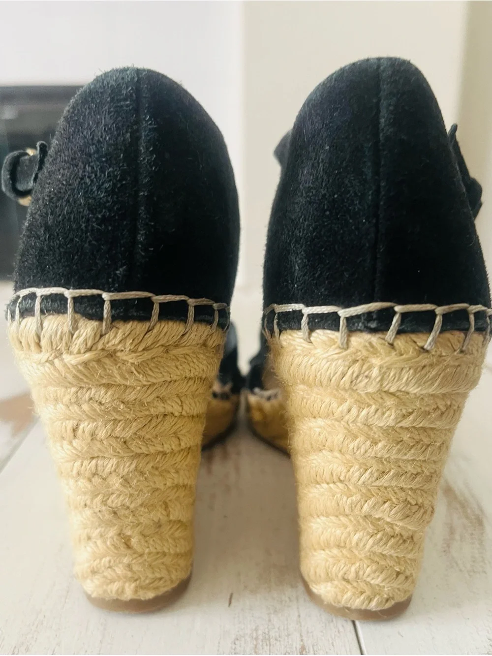 Marc Fisher Black Velvet Ruffle Espadrille Wedge Sandals